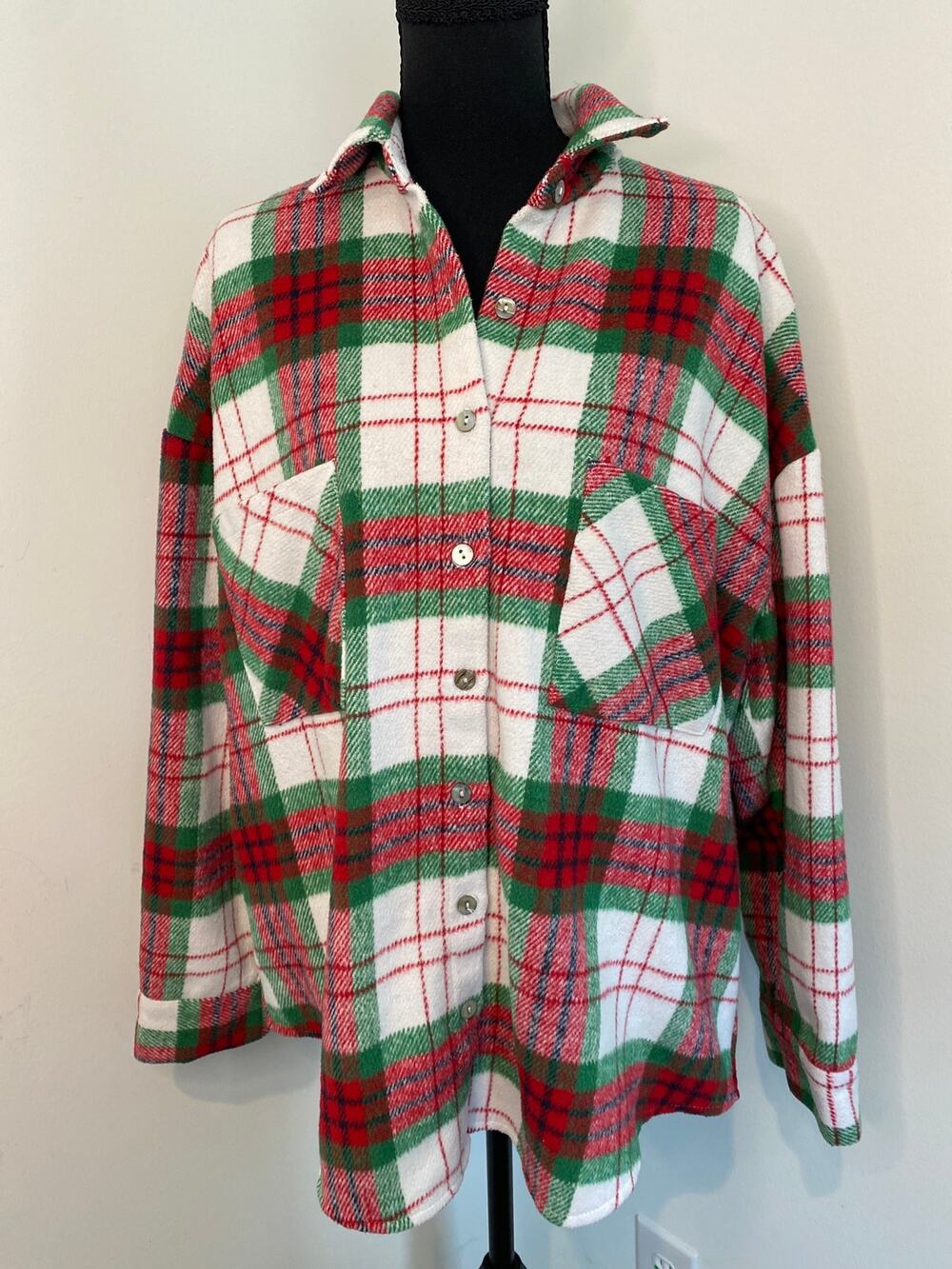 She+Sky Shacket Red Green Plaid Flannel Button Down Size L Holiday Christmas